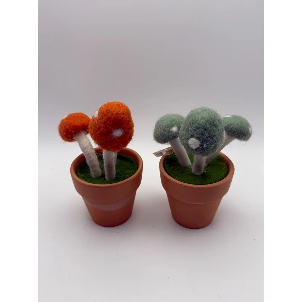 Wool and Ceramic Potted Mushroom Decor Set Orange Green Felted Toadstools 2pc